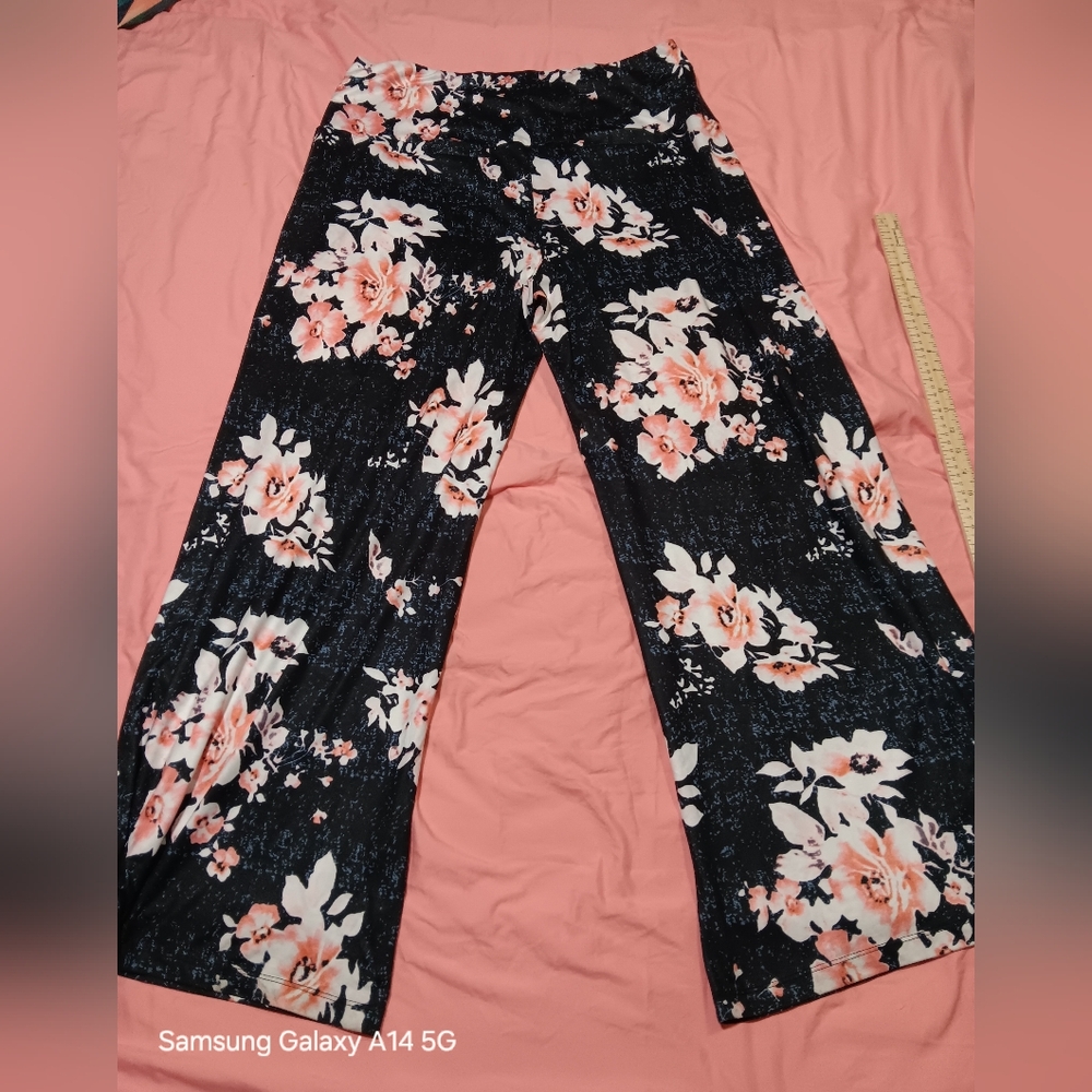 Arolina Wide Leg Floral Casual Pull On Pants XXL Black/peach